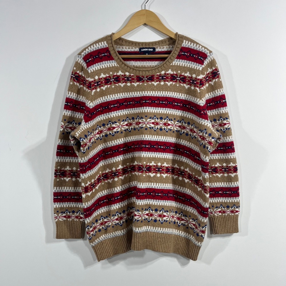 Lands End Preppy Fair Isle Crewneck Sweater Wool Blend Knit Chunky Knit Women 1X